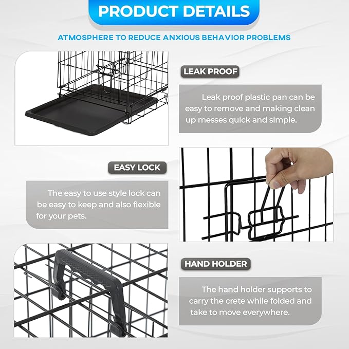 FDW Dog Crate for Small Dogs 18 Inch Folding Metal Wire Pet Cage Double Door W/Divider Panel Indoor Outdoor Kennel Leak-Proof Plastic Tray,Black-PawvioPets