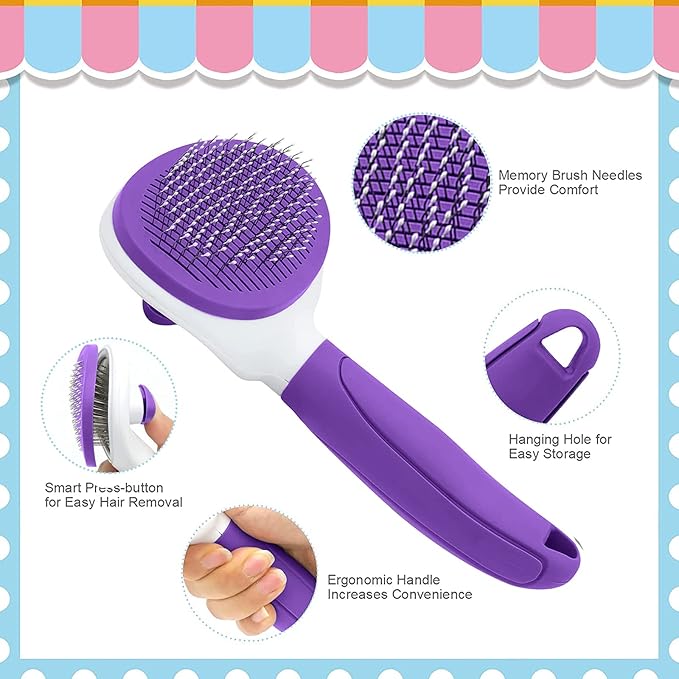 Cat Brush for Shedding, Cat Hair Brush with Release Button for Indoor Cats Dogs Self Cleaning Grooming(Purple)-PawvioPets