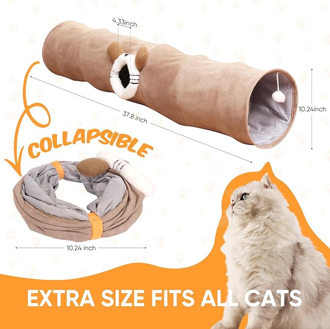 Collapsible Cat Tunnel Straight Tube for Indoor Cats & Kittens Large Foldable Play Cave Toy with Hanging Ball & Peek Hole,Ideal for Rabbits, Ferrets, Puppies & Small Pets-PawvioPets