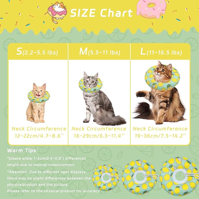 Cat Cone Collar Soft, Adjustable Cat Recovery Collars Kitten Cones to Stop Licking, Cute Donut E Collar After Surgery, Soft Cone Elizabethan Collar for Kittens (Green Lemon, Medium)-PawvioPets