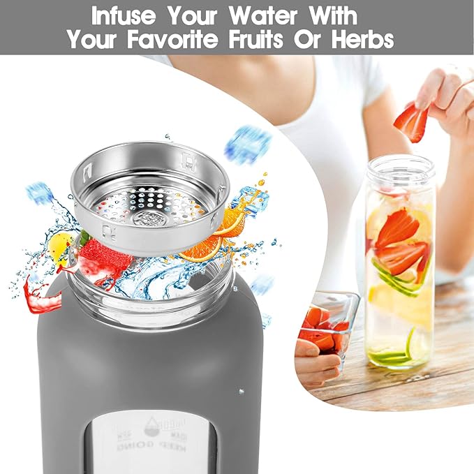 32 oz Glass Water Bottle with Straw - Motivational Time Marker & Silicone Sleeve - Reusable Tumbler Includes 2 Bamboo Lids & Fruit Infuser - 1 Pack-PawvioPets