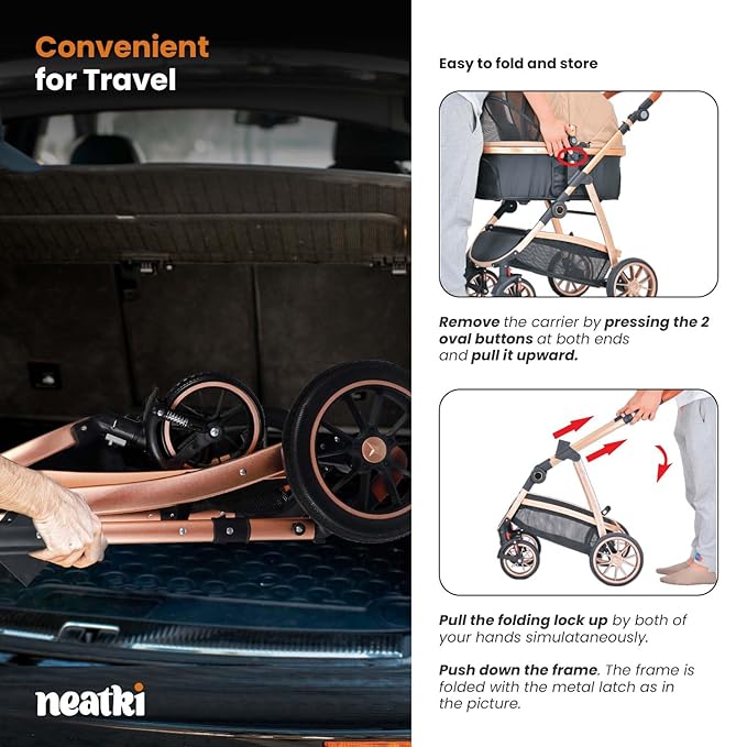 3 in 1 Pet Stroller - Stroller for Small to Medium Dogs and Cats up to 55 lbs, with Detachable Carrier/Car Seat, Foldable and Lightweight, Detachable Cushion + Cup Holder (Black/Gold)-PawvioPets