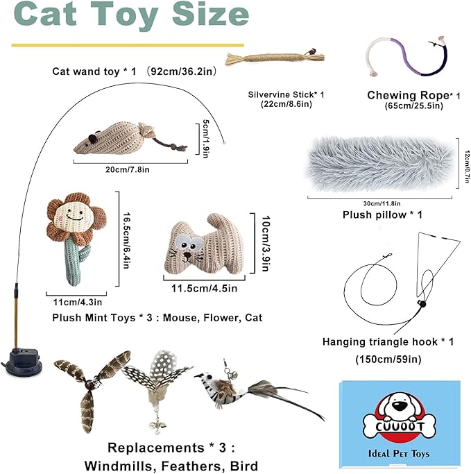 7-in-1 Interactive Cat Toys for Indoor Cats with Washable Adhesive Suction Cup, Hanging Cat Toys, Silvervine Stick and Sisal Chew Rope Catnip Teething Toy for Bored Kitten-PawvioPets