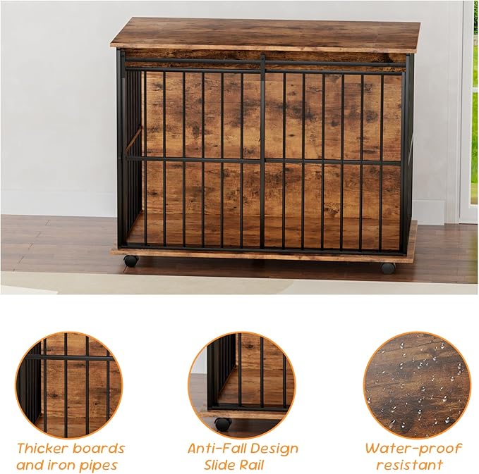 43.7" Dog Crate Furniture, XL Dog Crate Dog Kennel Indoor with Wheels for Large Medium Small Dogs, Wooden Dog Kennel End Table with Sliding Door Wooden Furniture Crates for Living Room, Bedroom-PawvioPets