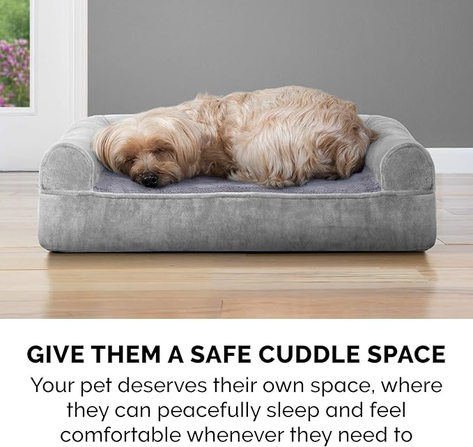 Furhaven Cooling Gel Dog Bed for Medium/Small Dogs w/ Removable Bolsters & Washable Cover, For Dogs Up to 35 lbs - Faux Fur & Velvet Sofa - Smoke Gray, Medium-PawvioPets