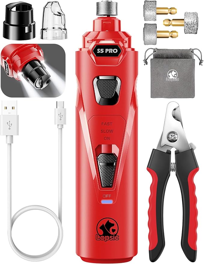 Dog Nail Grinder with 2 LED Lights Powerful 2 Speeds Super Quiet Dog Nail Trimmers with 3 Grinding Wheels Rechargeable Pet Dog Nail Clippers for Large Medium Puppy Dogs Dog Nail File Cat Nail Clipper-PawvioPets