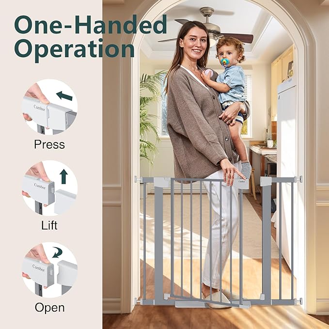 Cumbor 29.7"-40.6" Baby Gate for Stairs, Mom's Choice Awards Winner-Dog Gates for Doorways, Pressure Mounted Auto-Close Pet Gates for Dogs Indoor, Safety Child Gate with Easy Walk Thru Door, Gray-PawvioPets