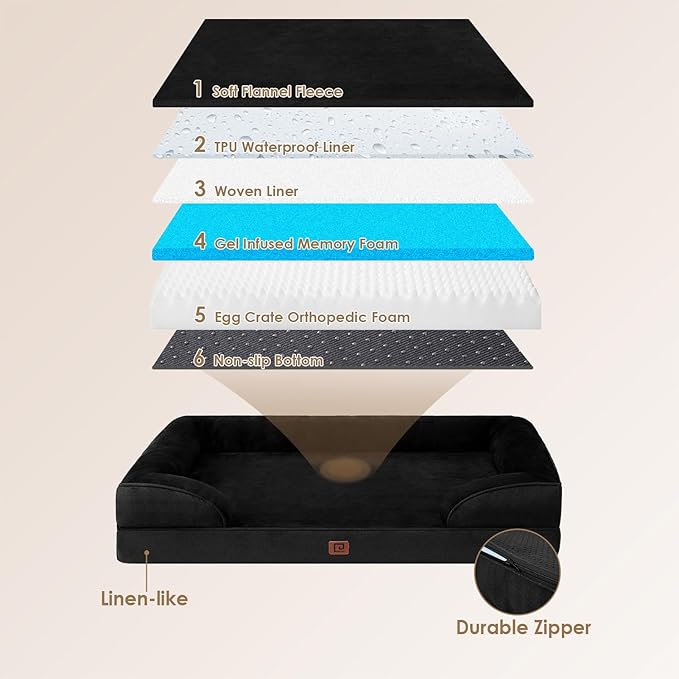 EHEYCIGA Orthopedic XL Dog Beds, Waterproof Memory Foam Dog Bed for Extra Large Dogs, Non-Slip Bottom and Egg-Crate Foam Big Pet Couch Bed with Washable Removable Cover, Black-PawvioPets