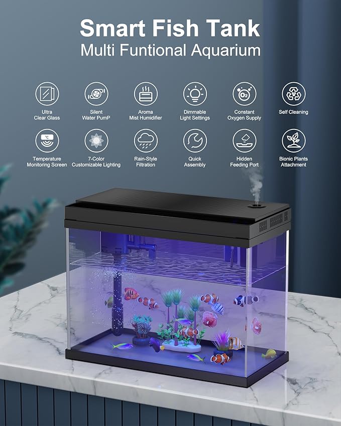 Fish Tank Aquarium Kit, 2.38 Gallon Beta Fish Aquariums, UHD Glass,Temperature Sensing, 7-Color Lighting Small Fish Tank for Kids/Desktop Decor-PawvioPets