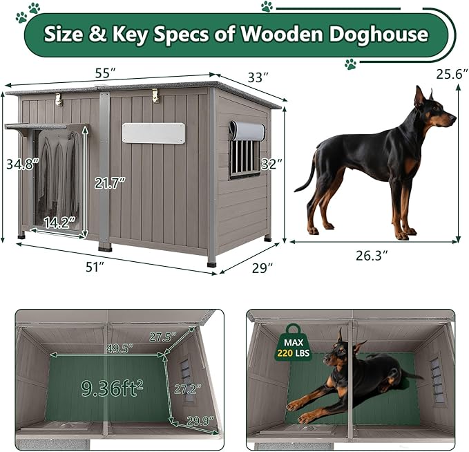 55" Extra Large Outdoor Dog House Weatherproof Wooden Doghouse Indoor for Large Breed Dogs with Anti Bite Frames with Window,10 Elevated Feet, Reinforced Bottom for Pet Up to 220LBS-PawvioPets