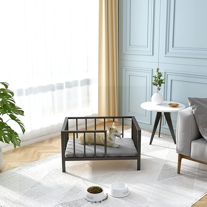 Dog Bed with Rails - Elevated Pet Metal Bed Frame with Solid Wood Board and Washable Soft Mat for Small Dog Indoor or Outdoor Use, 21.3" x 30", Black-PawvioPets