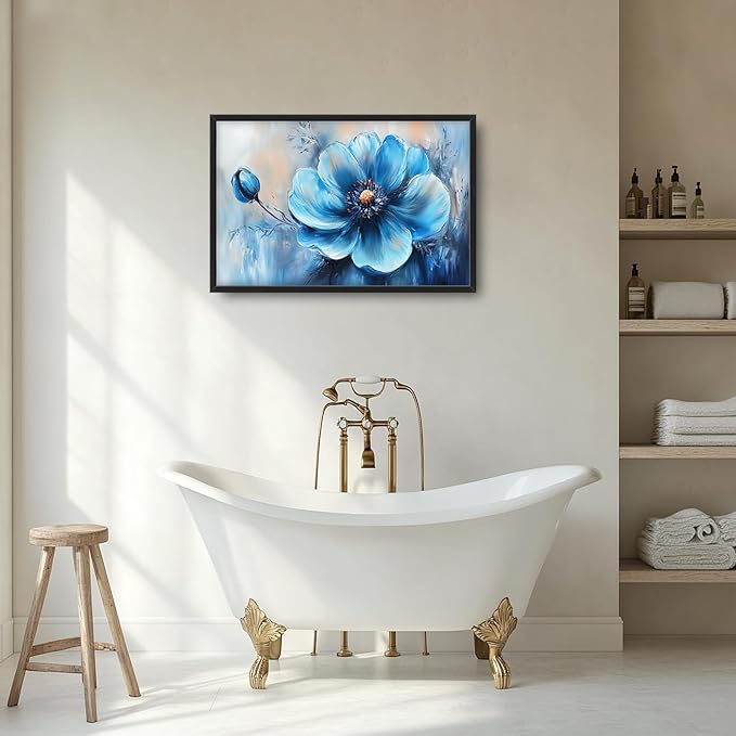 Extra Large Abstract Blue Flower Framed Wall Art for Living Room,Oversized Elegant Floral Pictures Wall Decor,Canvas Print Painting Modern Artwork Bedroom Office Bathroom 36L" x 24W"-PawvioPets