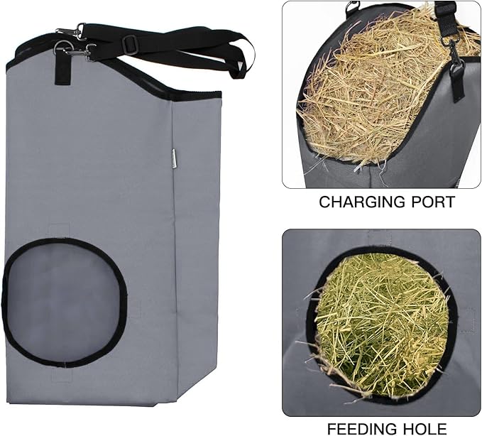 3 Packs Goat Hay Feeder,Hay Bags for Goats,Horses,Sheep,Premium 600D Oxford Cloth,with Metal Fastener and Adjustable Open Feed Hole for Slow Feeding. (1 Black+2Grey)-PawvioPets