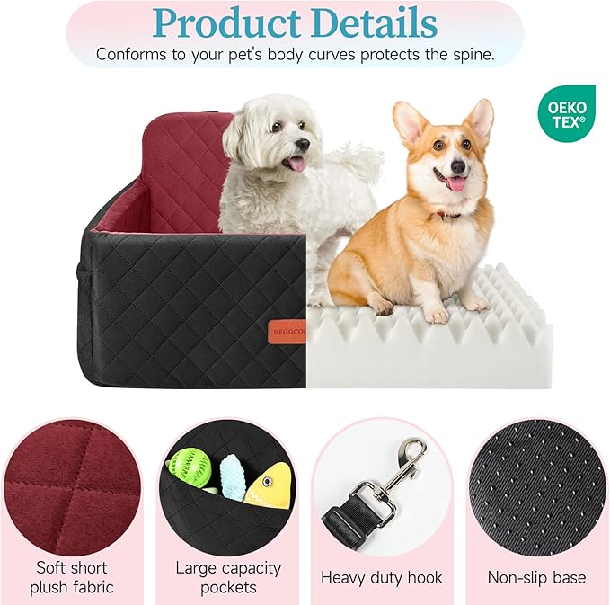 Dog Car Seat for Medium/Large Dogs, Pet Booster Seat for Under 55 lbs or 2 Small Dogs, Detachable & Washable Dog Car Bed for Backseat with 2 Safety Leashes (Blcak/red)-PawvioPets