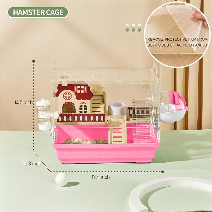 8 in 1 Clear Acrylic Hamster Cage with All Accessories,13.5''L* 10''W* 13''H Dwarf Hamster Cage,Small Hamster Habitat,Garden Style Mouse Cage for Pet Mice,Hamster Enclosure(1-Layer,Pink)-PawvioPets