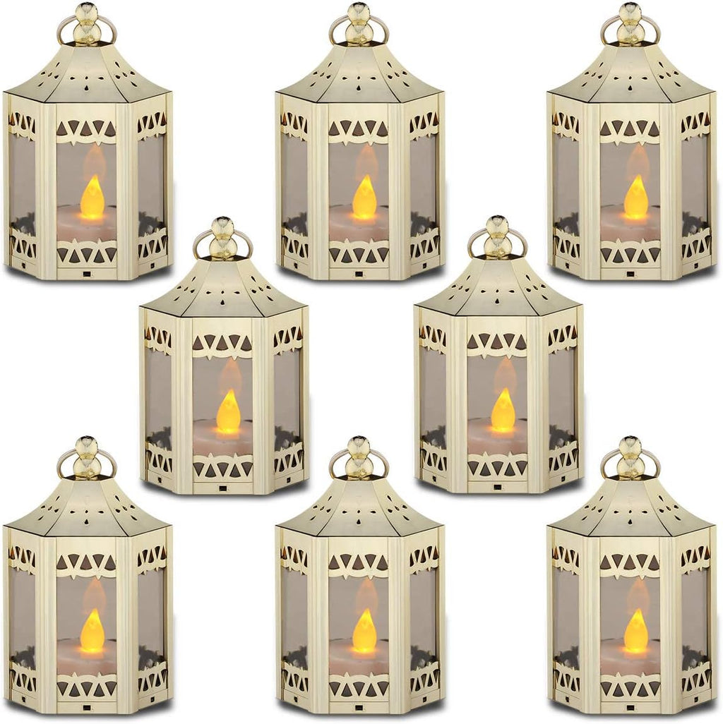 zkee Mini Star Lanterns with Flickering LED, Battery Included, Decorative Hanging Lanterns for Christmas and Indoor Use (Set of 8, Golden)
