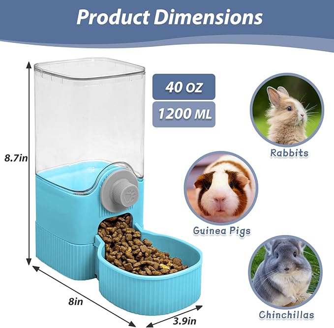 Fhiny Rabbit Food Dispenser, 40oz Large Capacity Hanging Gravity Bunny Feeder for Cage Automatic Guinea Pig Feeding Bowls Pet Food Storage for Guinea Pig Bunny Ferret Chinchilla Cat Puppy-PawvioPets