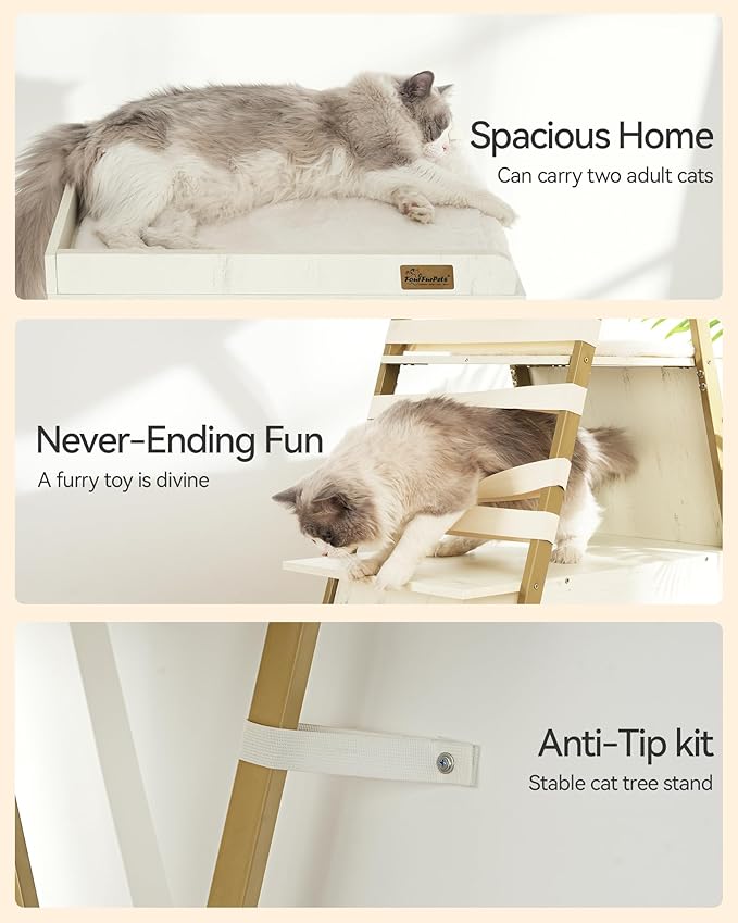 FourFurPets 72.4" Cat Tree, Modern Cat Tower for Indoor Cats, Multi-Level Cat Condo with Caves, Tall Cat Tree with Cat Scratching Board, Wooden Cat Tower with Large Perch, Removable Pads, White-PawvioPets
