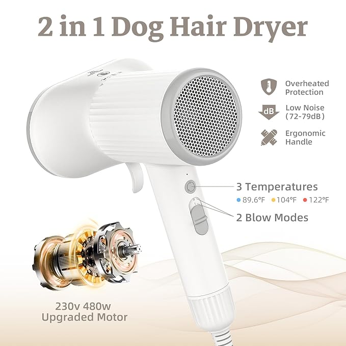 Dog Hair Dryer, Professional 2-in-1 Pet Hair Dryer & Grooming Brush with Removable Comb, Adjustable Temperature/Speed, Portable Dryer for Dogs and Cats-PawvioPets