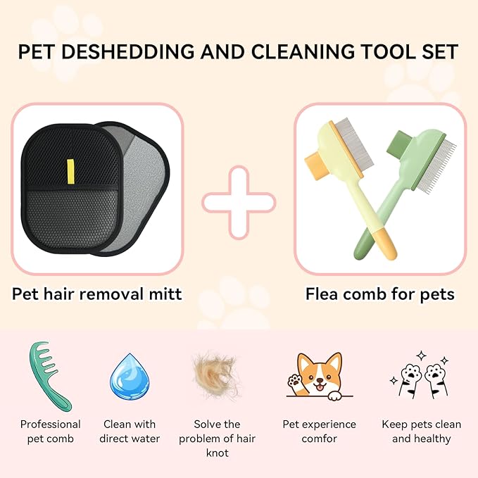 Electrostatic Pet Hair Removal Glove and Cat Dog Flea Comb, Portable Pet Massage and Cleaning Set for Deshedding, Cat Dog Hair Removal on Clothes, Furniture, Car Seats, and Carpets (4PCS)-PawvioPets