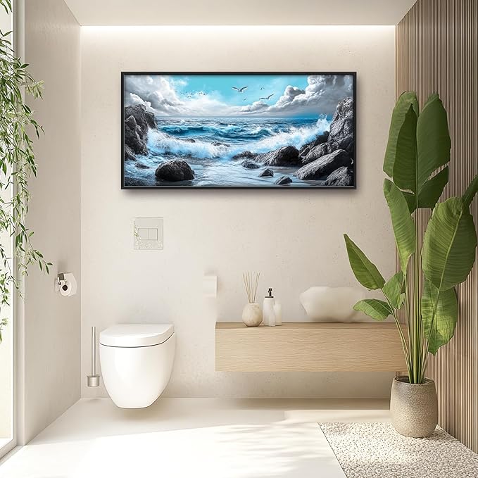 Extra Large Framed Abstract Sea Ocean Wall Art,Black and White Wall Decor, Coastal Seashore Pictures for Living Room,Canvas Print Painting Modern Artwork Bedroom Office Bathroom 60L x 30W-PawvioPets