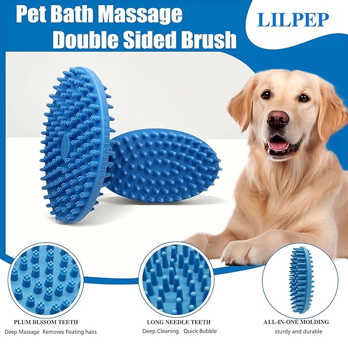 Dog Grooming Brush, Lilpep Pet Shampoo Bath Brush Soothing Massage Rubber Comb with Adjustable Ring Handle for Long Short Haired Dogs and Cats (2 pale blue, 2 sided brush)-PawvioPets