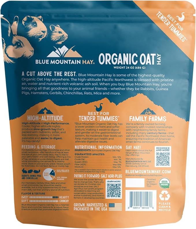 Blue Mountain Hay | Fresh Organic Oat Hay (24 Ounce) | Good for Sensitive Digestion | High-Altitude Hay Pet Food for Rabbits, Guinea Pigs, Chinchillas, Hamsters, and Other Small Pets-PawvioPets
