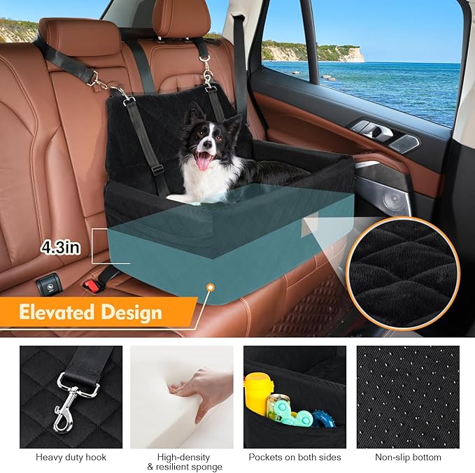 Dog Car Seat for Large Medium Dogs,Portable Washable Pet Car Seat Under 55 lbs,Dog Booster Seat with Thick Cushion,2 Safety Leashes Travel Car Dog Bed-PawvioPets
