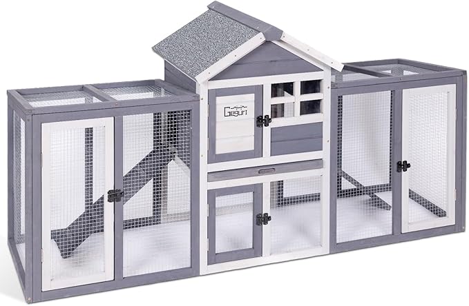 GEGURI Wooden Rabbit Hutch, Indoor Outdoor Chicken Coop Bunny Cage with Waterproof Roof-PawvioPets
