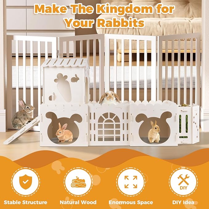 Extra Large Rabbit House, Wooden Bunny House Hideout with 4 Houses and Hay Feeder Indoor, Rabbit Guinea Pig Hideout Multistory Climbing Tower Sturdy Wooden Castle, Small Animal Hideaway Tunnel-PawvioPets