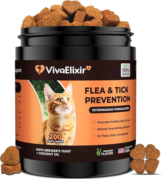 Flea & Tick Treatment for Cats – Natural Flea, Tick & Mosquito Prevention with Brewer’s Yeast, Coconut Oil – Skin & Coat Health, Immune Support – Vet Formulated 200 Chews-PawvioPets