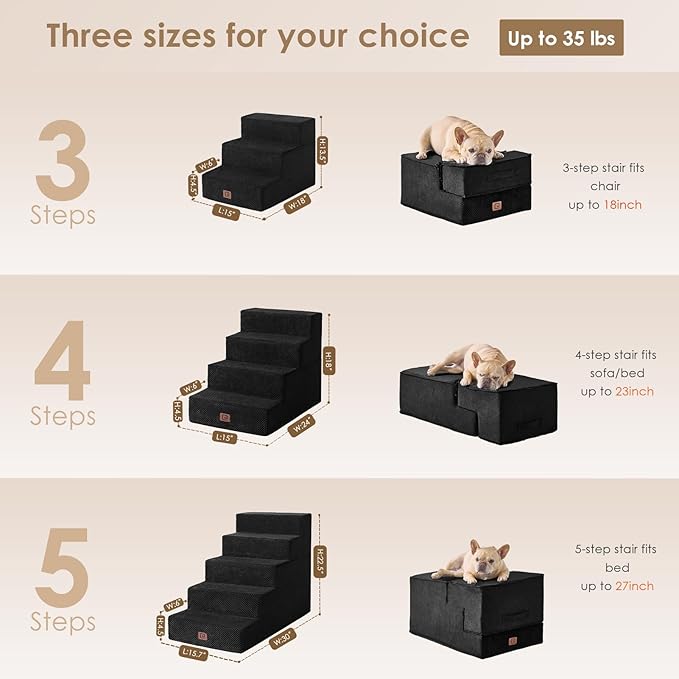 EHEYCIGA Dog Stairs for High Bed 22.5" H, 5-Step Dog Steps for Bed, Pet Steps for Small Dogs and Cats, Non-Slip Balanced Pet Ramp Indoor, Black-PawvioPets