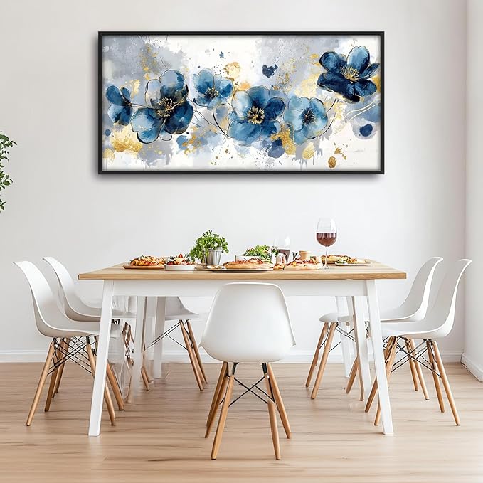 Extra Large Framed Abstract Blue Flower Wall Art,Oversized Golden Grey Floral Wall Decor Pictures for Living Room,Canvas Print Painting Modern Artwork Bedroom Office Bathroom Home Decor 60L" x 30W"-PawvioPets