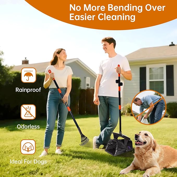 Dog Pooper Scooper with Bags & Dispenser - 37.4" Long Durable Metal Handle Swivel Bin & Rake & Spade Kit, Large Capacity Portable Pooper Scooper for Yards，Easy to Assemble-PawvioPets