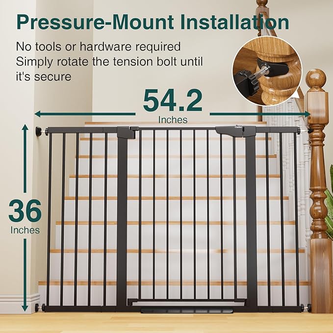 Cumbor 36" Extra Tall Baby Gate for Stairs, 29.7-54.2" Extra Wide Dog Gate for Doorways Hallways, Pressure Mounted Child Gate for Wide Opening, Auto Close Personal Safety for Babies and Pets, Black-PawvioPets
