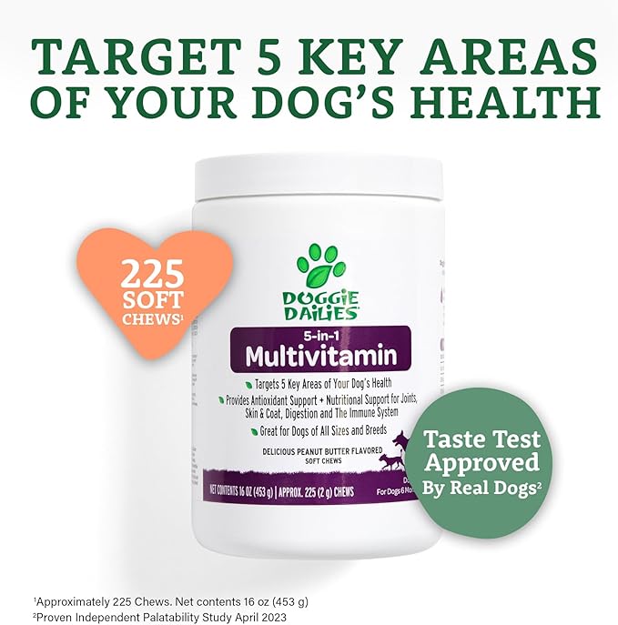 Doggie Dailies 5 in 1 Multivitamin for Dogs, Dog Multivitamin for Skin and Coat Health, Joint Health, Improved Digestion, Antioxidants, Support a Healthy Immune System (Peanut Butter) 225 Soft Chews-PawvioPets