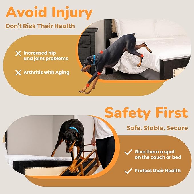 Dog Ramp for Bed, 5 Level Adjustable Dog Ramp for High Beds, Upgrade Rubber Mat High Traction Ramp with Safety Rails, Folding Pet Ramp for Bed, Couch,SUV, Natural Wood Pet Ramp for Small & Old Dogs-PawvioPets