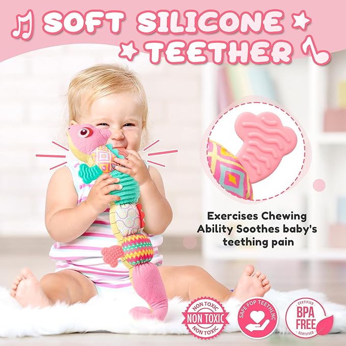 Baby Toys 0-6-12 Months, Musical Stuffed Animal Activity Soft Toys with Multi-Sensory Crinkle,Rattles and Textures,Infant Baby Girl Toys Gifts for Newborn Tummy Time,Dinosaur,Pink-PawvioPets