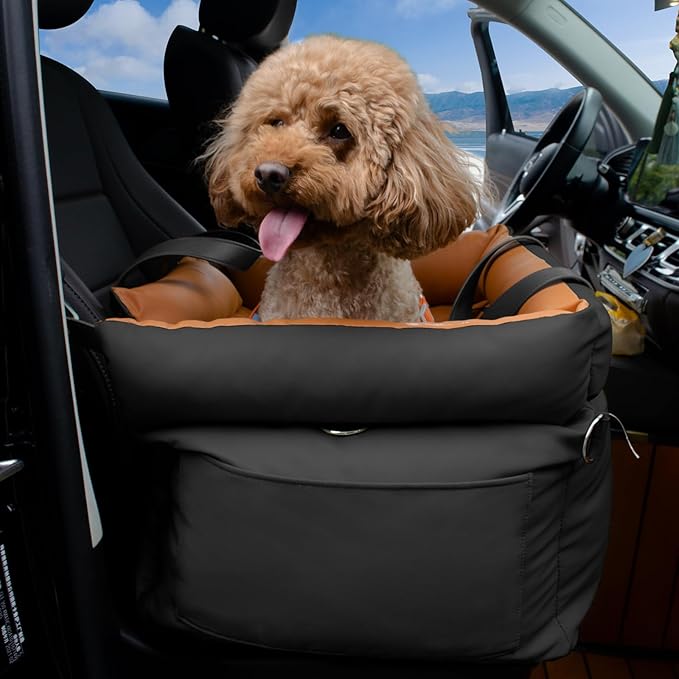 Dog Car Seat for Small Dogs, Large Leather Dog Car Bed with Storage Pocket, Waterproof PVC Leather Booster Seat Travel Bed for Front & Back Seat, Clip-On Safety Leash (Black/Brown)-PawvioPets