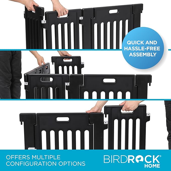 BIRDROCK HOME Dog Playpen w/Door, 12 Panel, 25.6in H | Strong Plastic, Non-Slip Puppy Playpen, Secure Pet Gate | Indoor Outdoor Fence | Configurable Panels | Small to Medium Pets - Black-PawvioPets