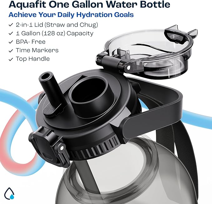 AQUAFIT 128 oz Water Bottle with Time Marker - 2in1 Straw & Chug Lid - BPA Free Big Jug with Straw - Gym Water Bottle with Strap (128 Ounces, Clarity)-PawvioPets