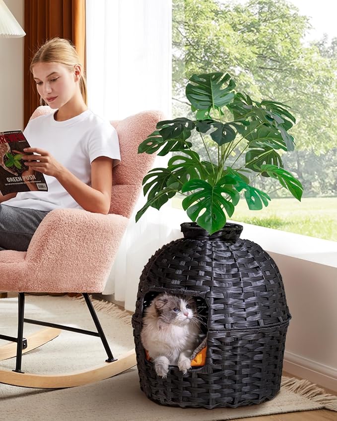 Cat Litter Box Plant Furniture Enclosure, Hidden Handwoven Rattan with Cat Litter Box and Artificial Plants, Odor Control Filter, Real Stones in Living Room, Bedroom, Corner (Black)-PawvioPets