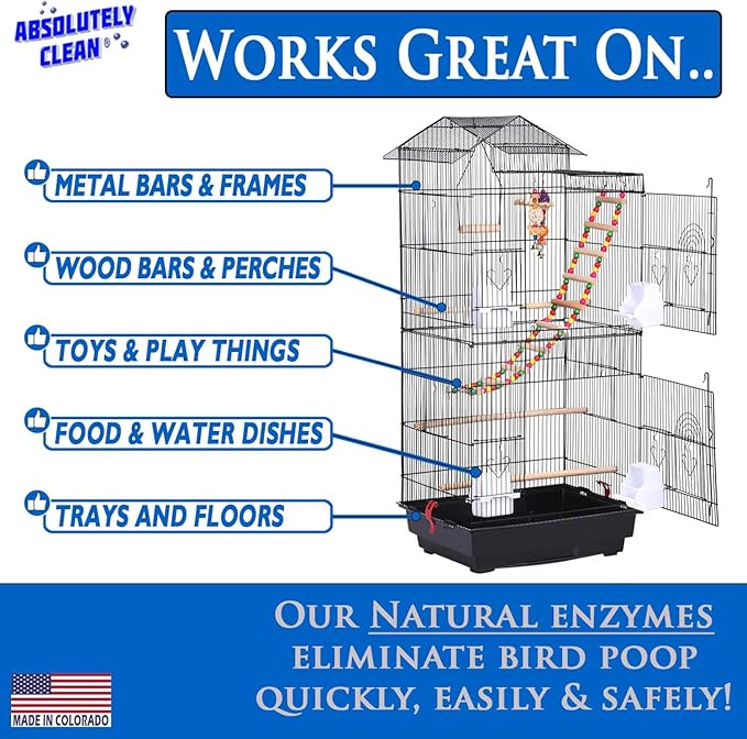 Absolutely Clean Amazing Bird Cage Cleaner and Deodorizer - Just Spray/Wipe - Safely & Easily Removes Bird Messes Quickly and Easily - Made in The US - Fragrance Free - 16oz (Pack of 2)-PawvioPets