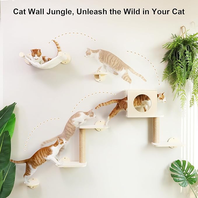 FUKUMARU Cat Wall Shelves, 5-Piece Stable Wooden Wall-Mounted Furniture Set, Kitty Climber with Hammock, House, Steps, Scratching Post (Beige)-PawvioPets