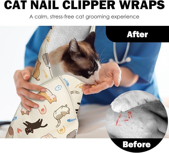 27.6"Cat Grooming Wrap, Self Adhesive Cat Wrap for Cutting Nails, Anti-Escape Calming Cat Swaddle Wrap for Medicine Ear Cleaning, Anti-Scratch Cats Burrito Restraint Blanket, Multifunctional Pet Tool-PawvioPets