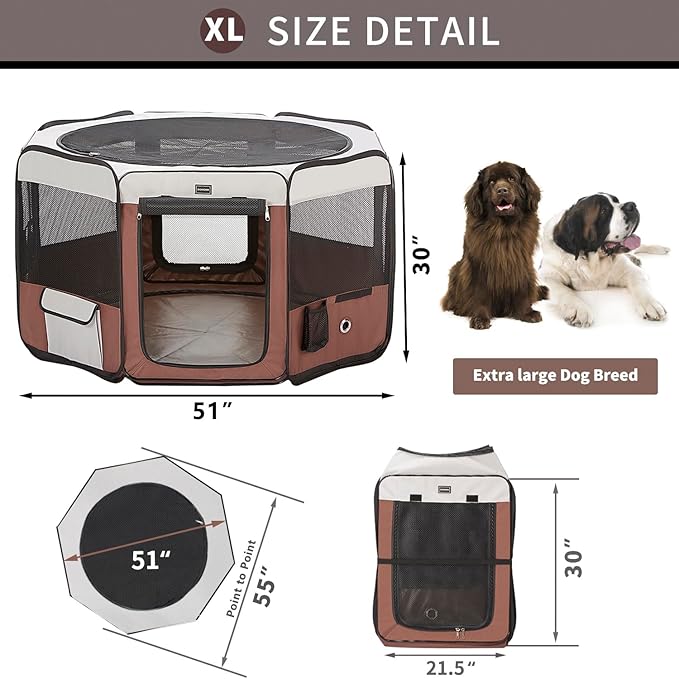 DONORO Dog Playpen 55" Portable Pet Play Pens for Medium Large Dogs, Foldable Exercise Kennel Tent Crate Indoor/Outdoor Travel Camping, Removable Top/Bottom (55"x55"x30"), 8-PawvioPets