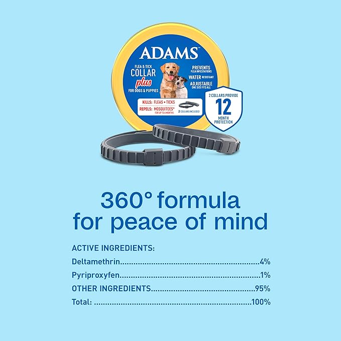 Adams Flea & Tick Collar Plus for Dogs & Puppies |2 Pack |12-Month Protection |One Size Fits All Dogs & Puppies 12 Weeks and Older |Kills Fleas and Ticks |Repels Mosquitoes (excluding California)-PawvioPets