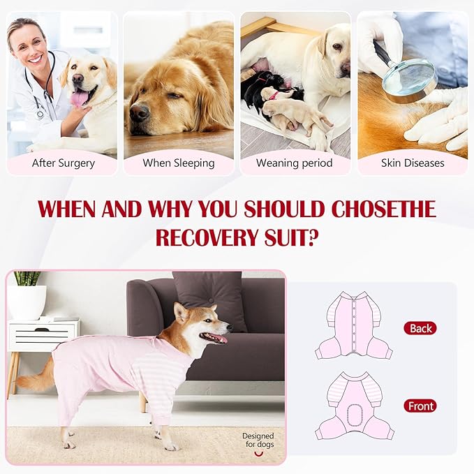 Dog Recovery Suit, Abdominal Wound After Surgery Wear, Anti Licking Bodysuit with Snaps, E-Collar & Cone Alternatives, Striped Dog Spay Surgical Pajamas Prevent Shedding(Large, Pink)-PawvioPets