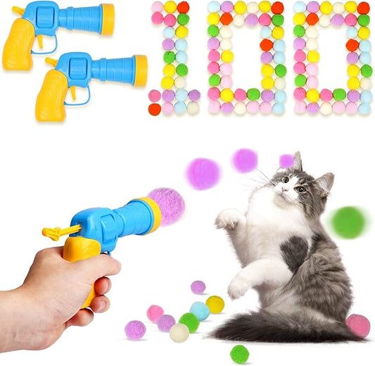 100Pcs Cat Toys Pom Pom Balls with 2 Launchers Set, Interactive Cat Toy Stuff for Indoor Both Adult & Kitten Toys-PawvioPets