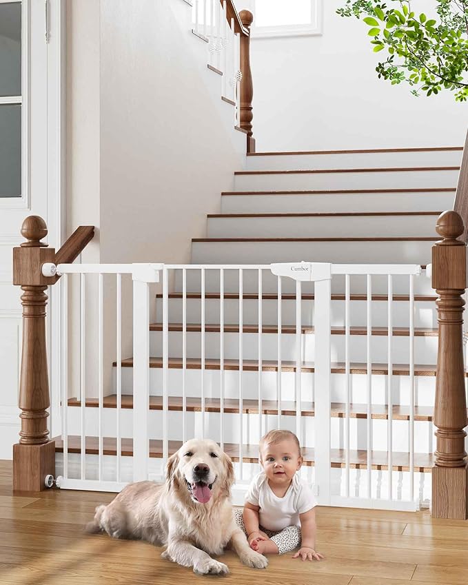 Cumbor 29.7-54.2" Wide Baby Gate for Stairs, Mom's Choice Awards Winner-Self Closing Dog Gate Indoor for Doorways, No Drilling Pressure Mounted Pet Gates for Kids, Easy Walk Through Safety Gate, White-PawvioPets